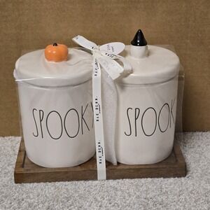 Rae Dunn SPOOKY Canister Set Halloween Pumpkin Witch Hat Wood Tray Magenta